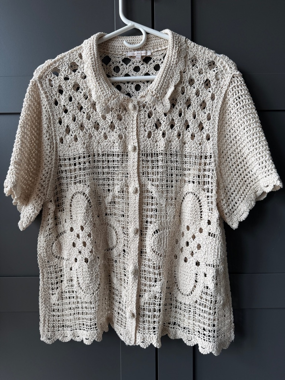 Skies are Blue shirt womens large button up knit crochet beige ivory - Picture 8 of 8